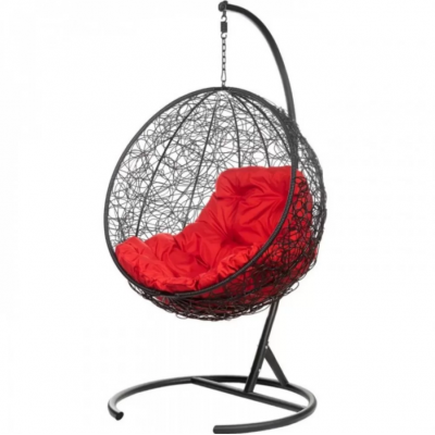 Подвесное кресло из ротанга "Kokos Black" - Красная подушка