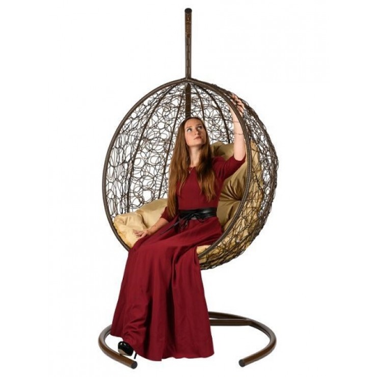 Подвесное кресло из ротанга "Kokos Brown" - Бежевая подушка